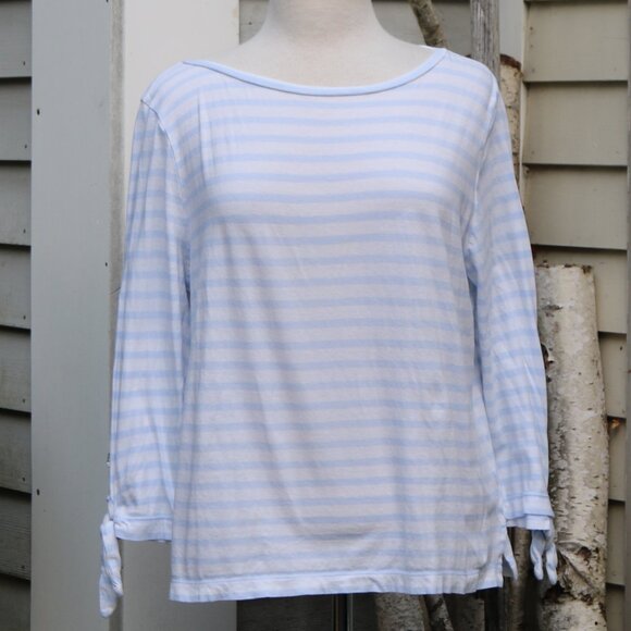 J Crew Periwinkle Blue White Stripe Round Neck Tie Cuff Cotton Tee Sz LARGE - Picture 1 of 7